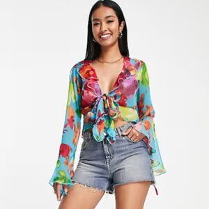 ASOS Design Tie Front Sheer Blouse With Frill Neck In Blue Bright Floral